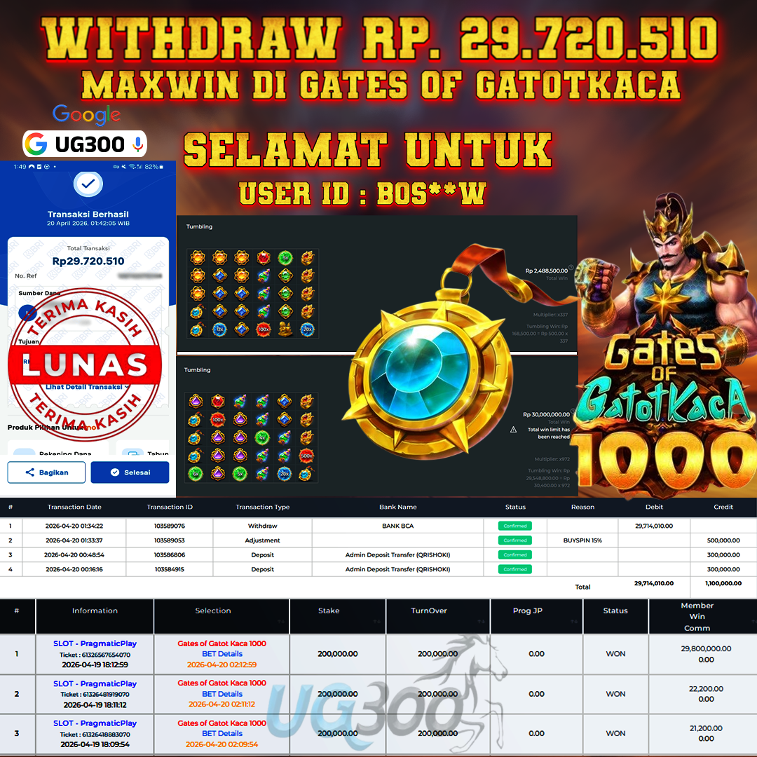 UG300 BERMAIN GATES OF GATOTKACA 1000 DAPAT JACKPOT MAXWIN WD Rp.29,720,510- DI BAYAR TUNTAS